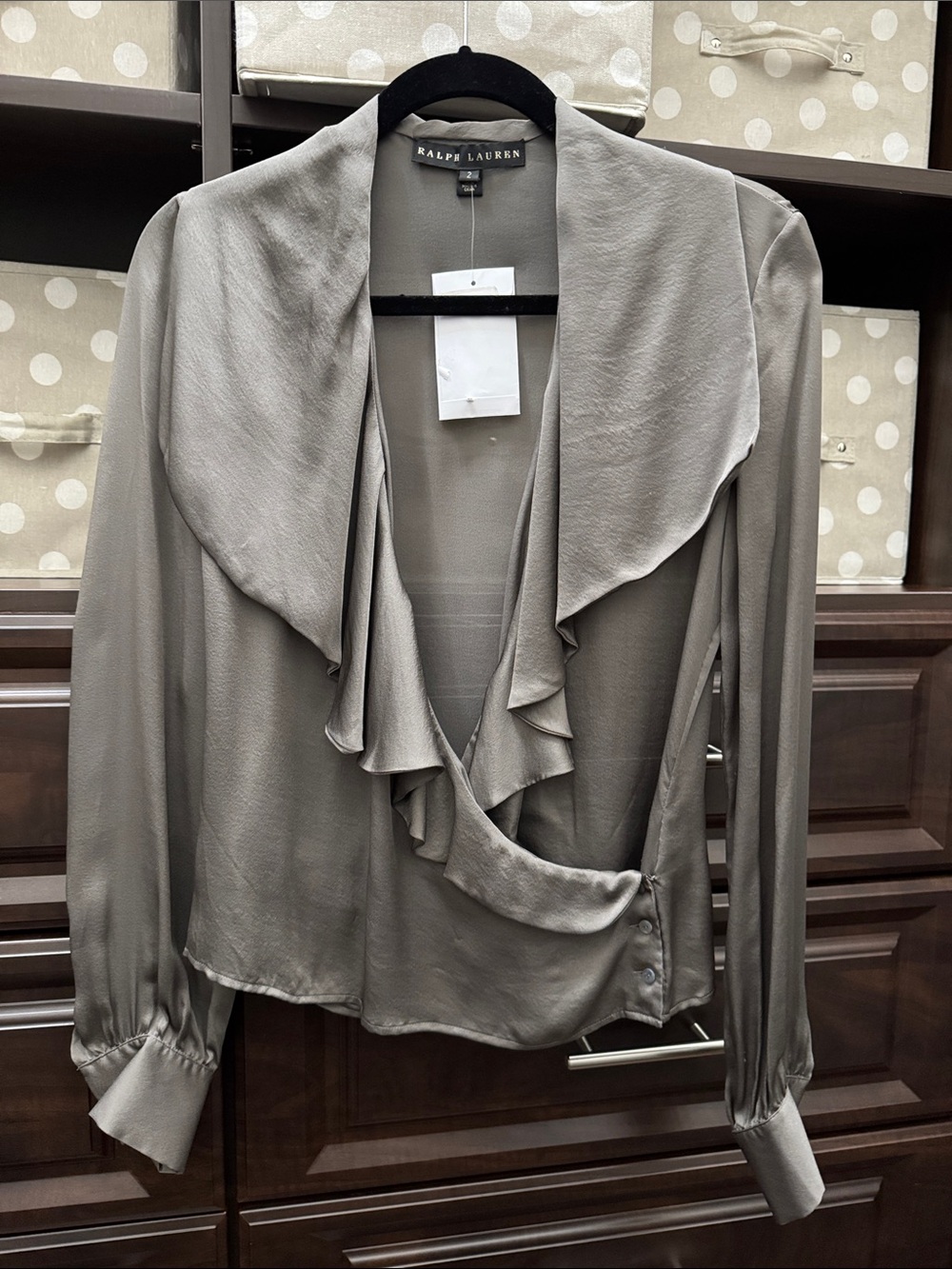 Ralph Lauren Silk Gray Ruffle Wrap Blouse, Black Label